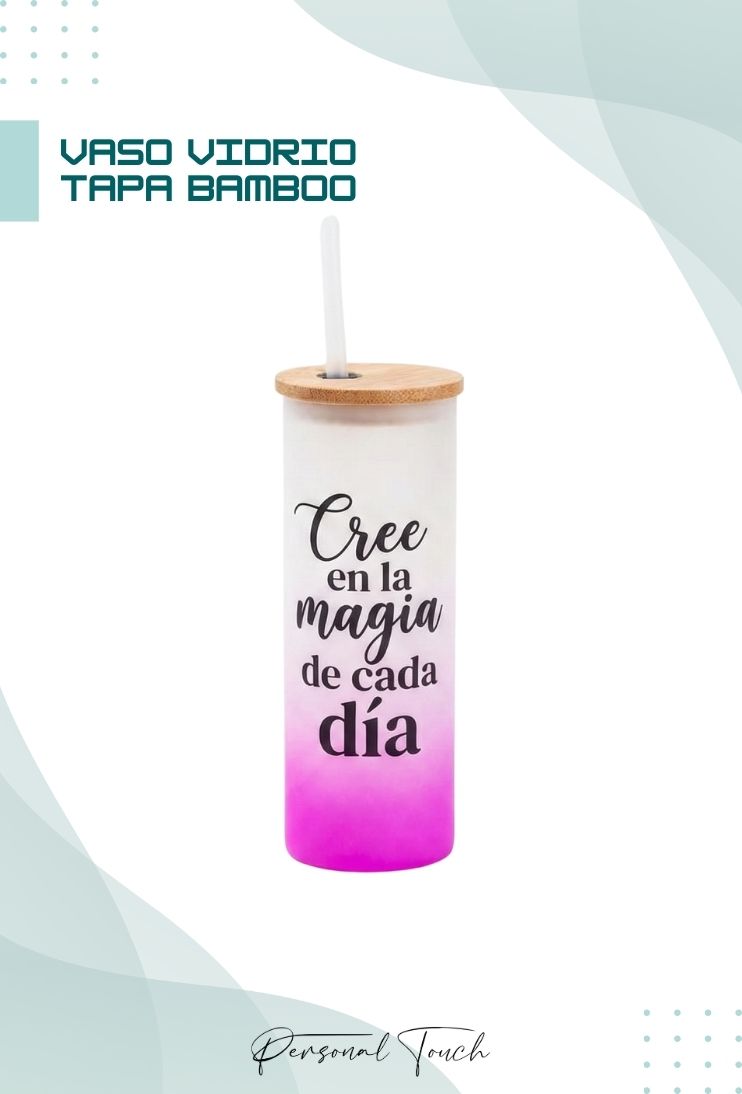 Vaso de vidrio con tapa de Bamboo y sorbito