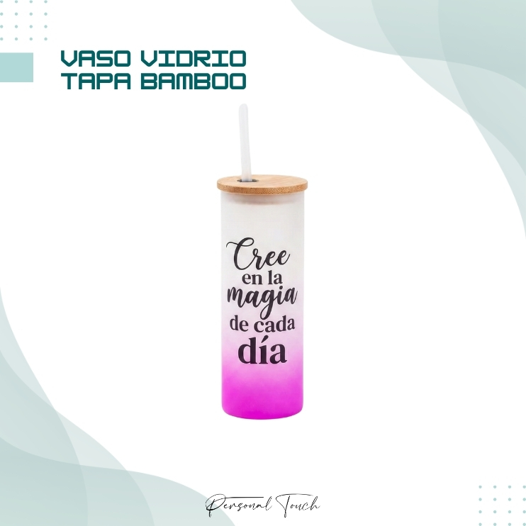 Vaso de vidrio con tapa de Bamboo y sorbito