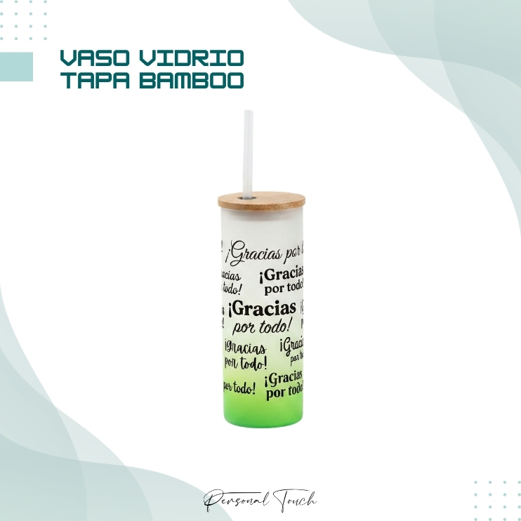 Vaso de vidrio con tapa de Bamboo y sorbito