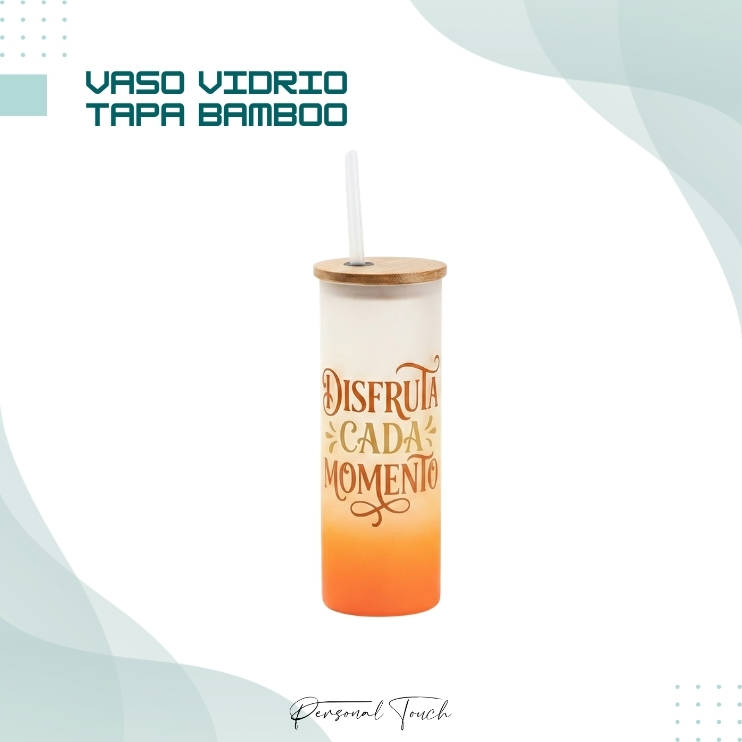 Vaso de vidrio con tapa de Bamboo y sorbito